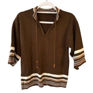 Vintage 70s Boho Brown Striped Sweater Size XS S Retro Unisex Cozy Classic